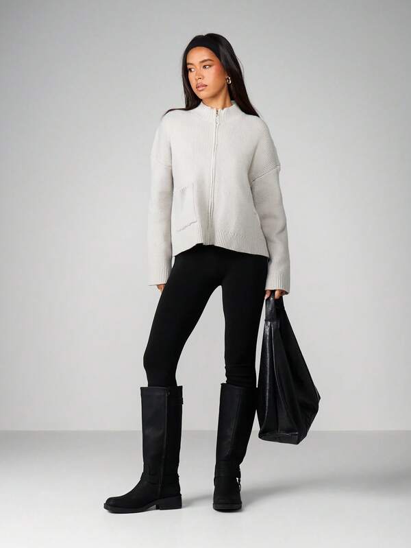 Ribbed Knit Zip Up Cardigan With Stand Collar And Pockets