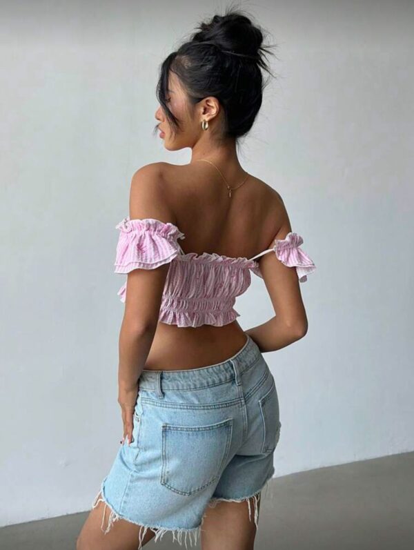 Striped Butterfly Print Off Shoulder Shirt