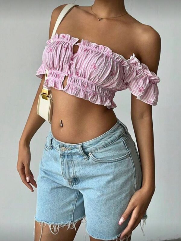 Striped Butterfly Print Off Shoulder Shirt