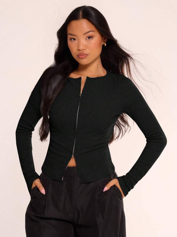 Zip Through Crew Neck Long Sleeve Top