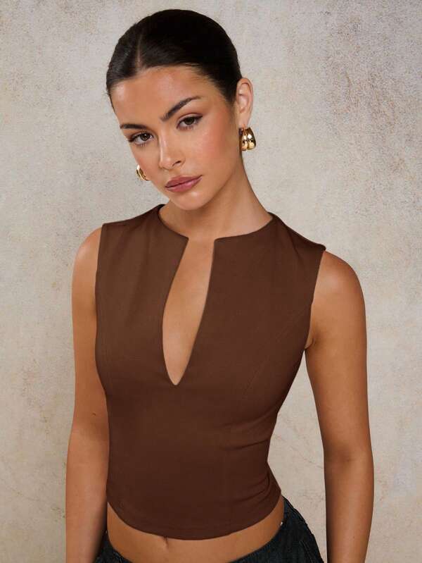 Solid Color V-Neck Cropped Fitted Fashion Tank Top