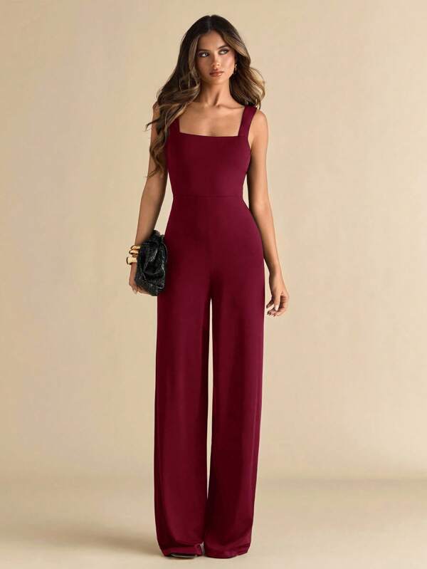 Elegant Backless Solid Spaghetti Strap Wide Leg Jumpsuit