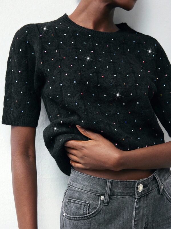 Rhinestone Crew Neck Short Sleeve Sweater