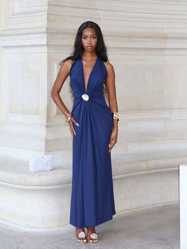 V-neck Knit Backless Dress