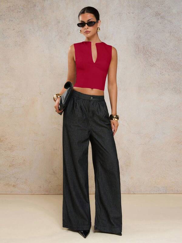 Solid Color V-Neck Cropped Fitted Fashion Tank Top