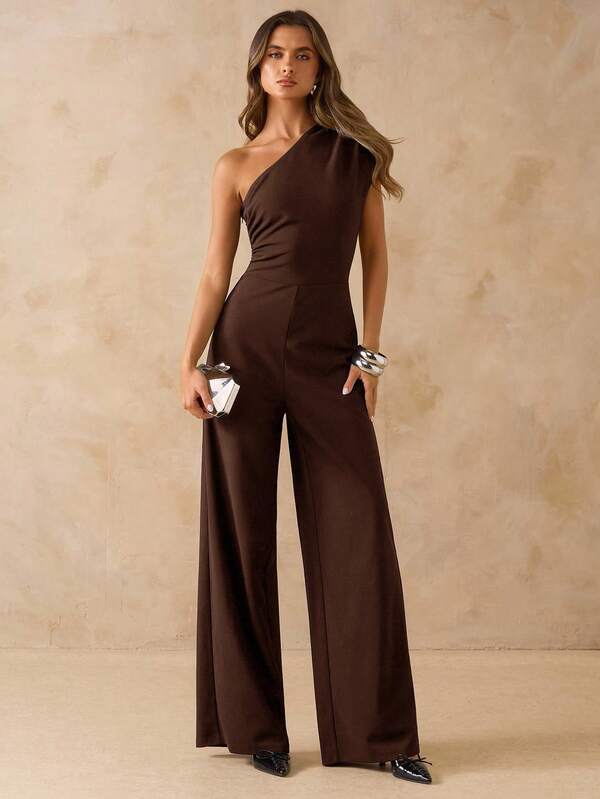 Asymmetrical Shoulder Fitted Wide Leg Jumpsuit