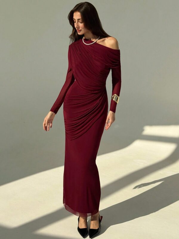 One-Shoulder Pouch Long Sleeve Mesh Dress