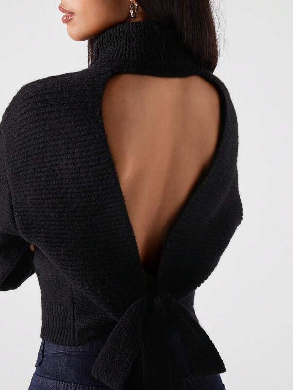 V-Back Hollow Out Solid Color Turtleneck Long Sleeve Sweater