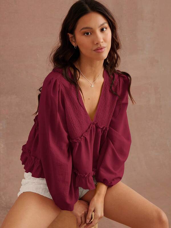 Knit & Woven V Neck Babydoll Long Sleeve Top