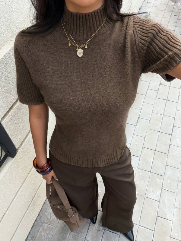 Solid Color Turtleneck Short Sleeve Wool Knit Top