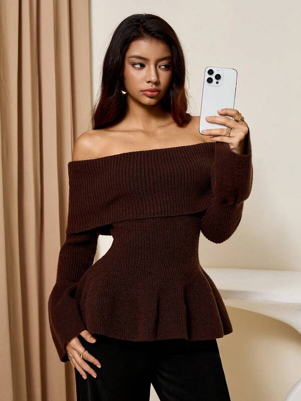 Off Shoulder Flared Hem Knit Top