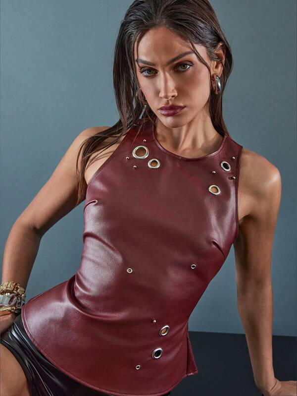 Neck Faux Leather Tank Top
