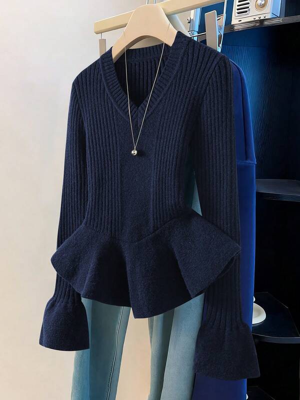 V-Neck Long Sleeve Ruffle Hem Sweater