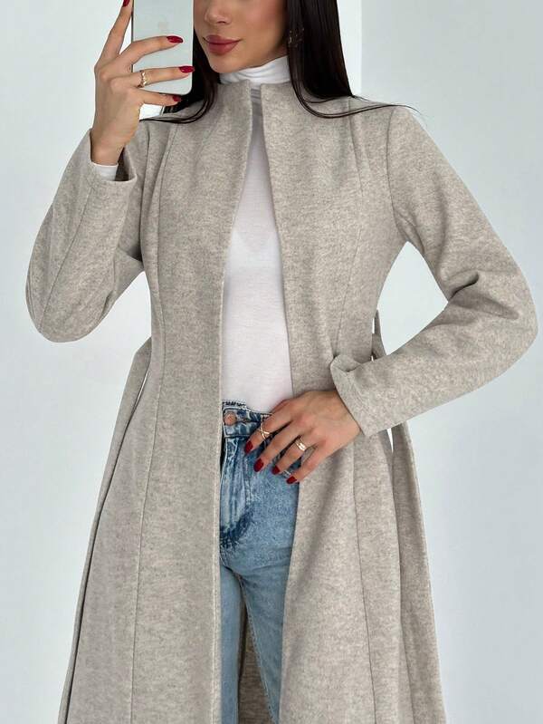 Solid Color Long Sleeve Belted Casual Wool Blend Jacket
