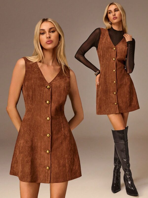 Button V-Neck Sleeveless Mini Dress