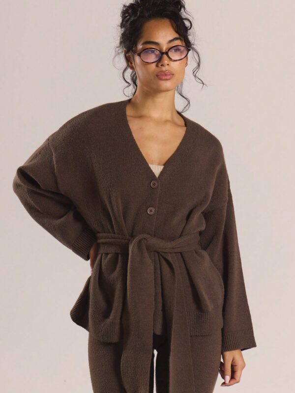 V-Neck Button Through Thick Belt Detail Knit Cardigan