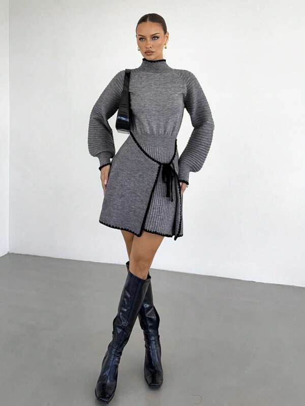 Grey Contrast Trim Turtleneck Sweater Dress