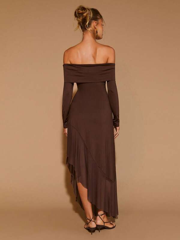 Elegant Off-Shoulder Asymmetric Hem Patchwork Chiffon Dress