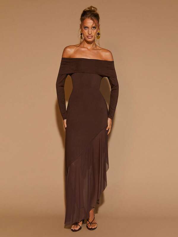 Elegant Off-Shoulder Asymmetric Hem Patchwork Chiffon Dress