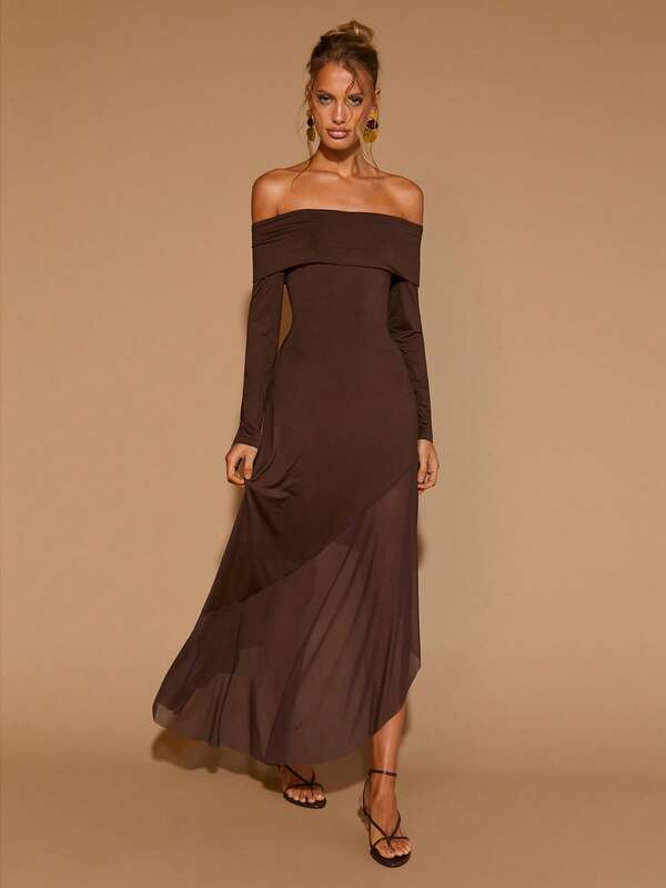 Elegant Off-Shoulder Asymmetric Hem Patchwork Chiffon Dress