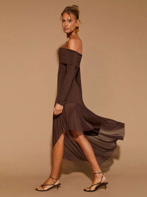 Elegant Off-Shoulder Asymmetric Hem Patchwork Chiffon Dress