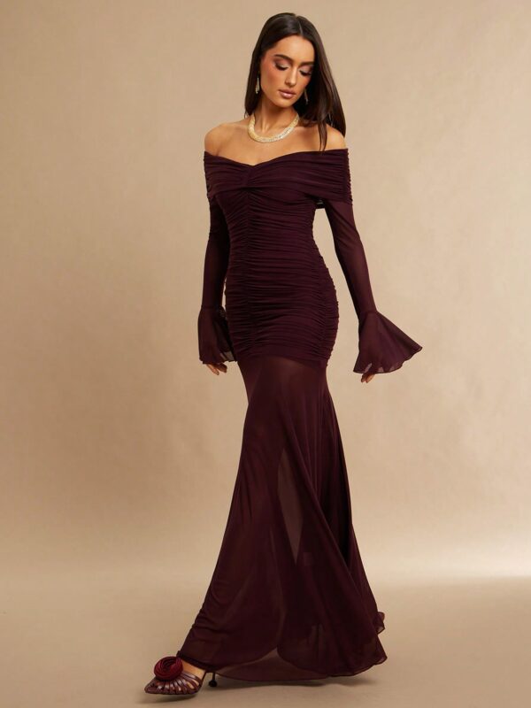 Off Shoulder Pleated Sheer Maxi Dress