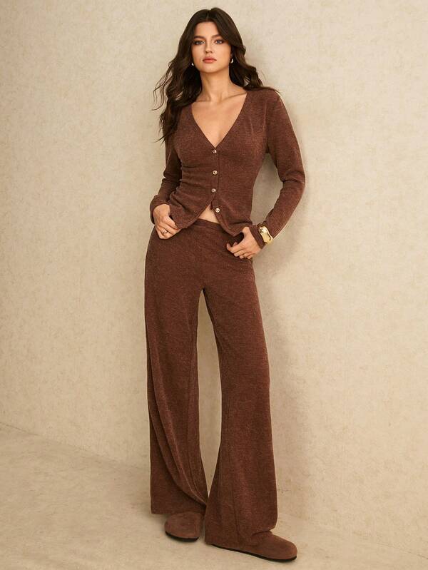 Slim V-Neck Cardigan & Wide-Leg Pants Set