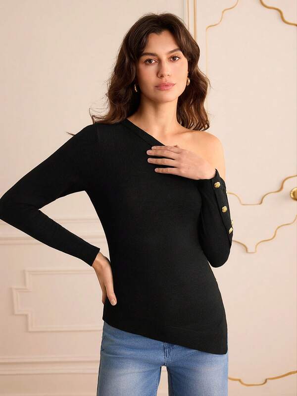 Asymmetrical Shoulder Slim Fit Pullover Sweater
