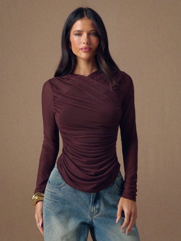 Pleated Mesh Knit Wrap Top