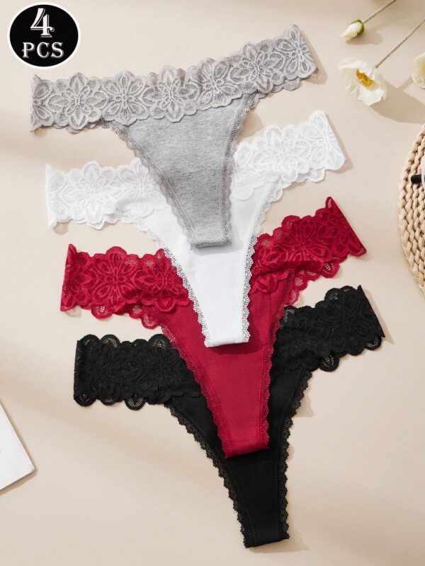 4 Pieces Lace Spliced Thong
