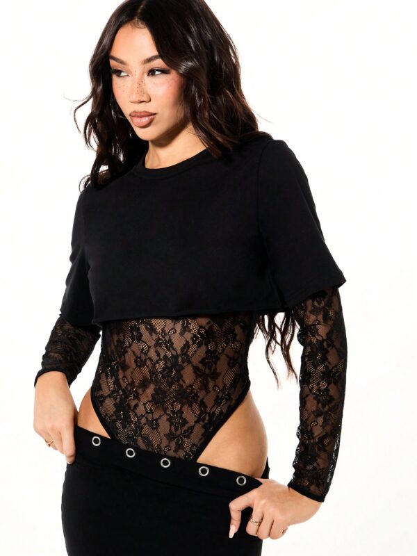 Lace Panel Bodysuit With Crew Neck