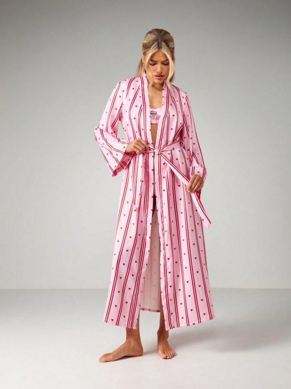 Long Sleeve Heart Print Striped Robe With Belt