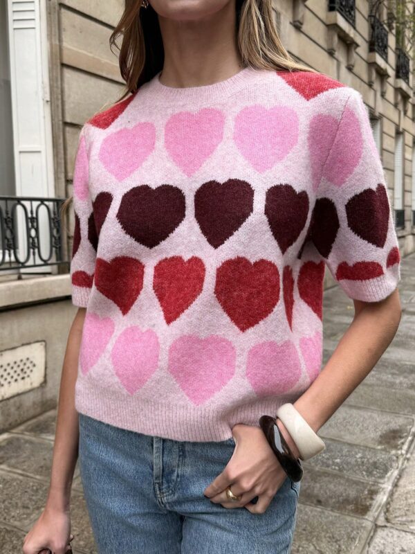Heart Pattern Short Sleeve Pullover Sweater