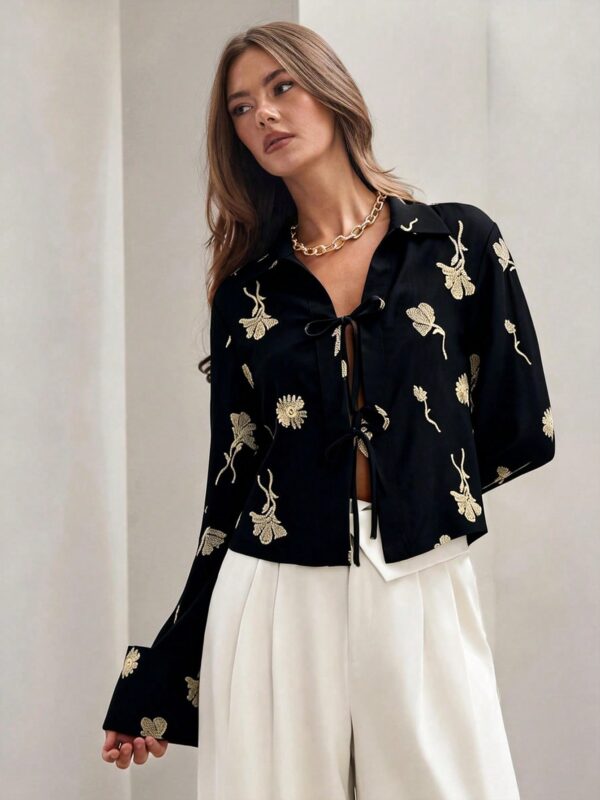 Embroidered Linen Tie Front Bow Blouse