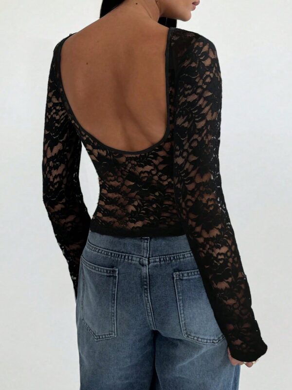 Lace Backless Crew Neck Long Sleeve Knit Top