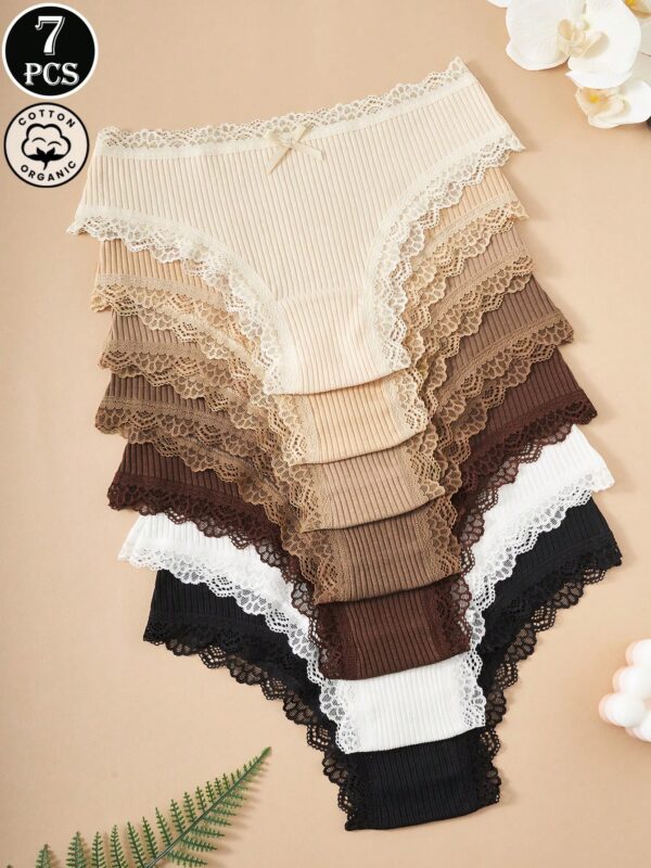 7pcs Floral Contrast Lace Trim Cotton Panties
