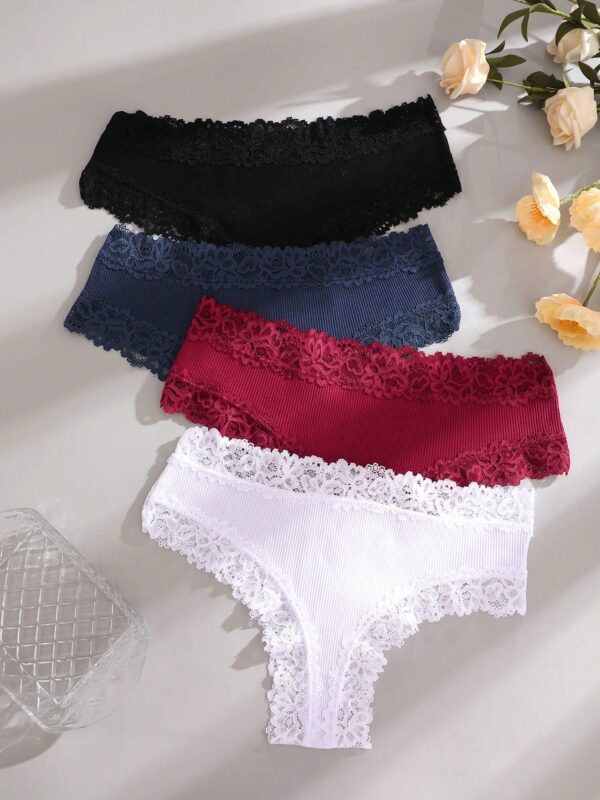 4pcs Lace Trim Simple Comfortable Striped Briefs Panties
