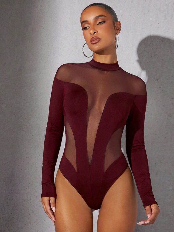 Solid Color Mesh Patchwork Long Sleeve Bodysuit