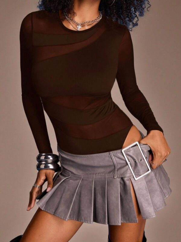 Mesh Patchwork Asymmetrical Bodysuit