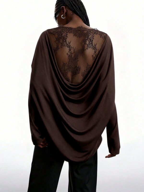 Solid Color Lace Patchwork Long Sleeve T-Shirt Brown Lace Top