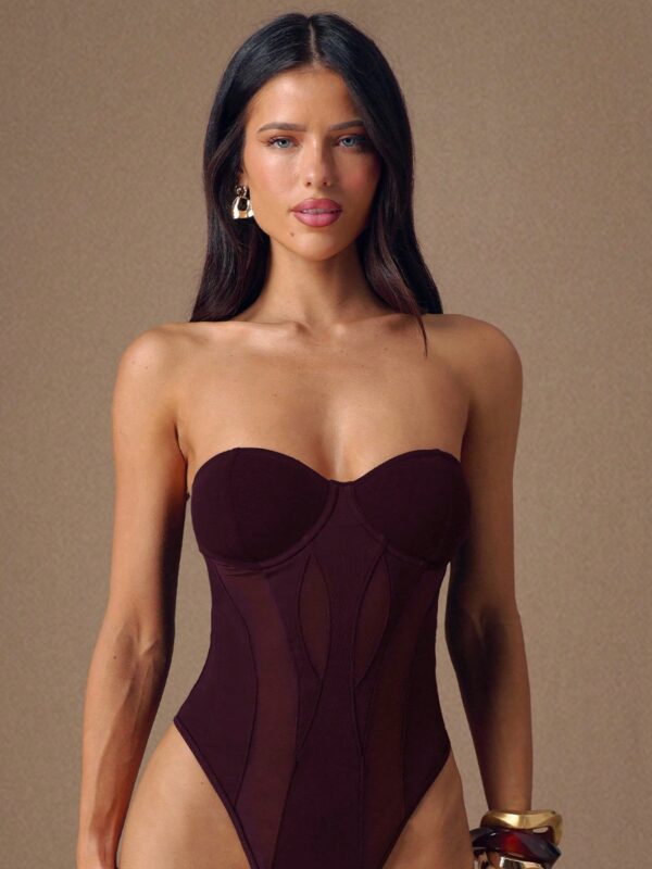 Mesh Patchwork Asymmetric Strapless Bodysuit