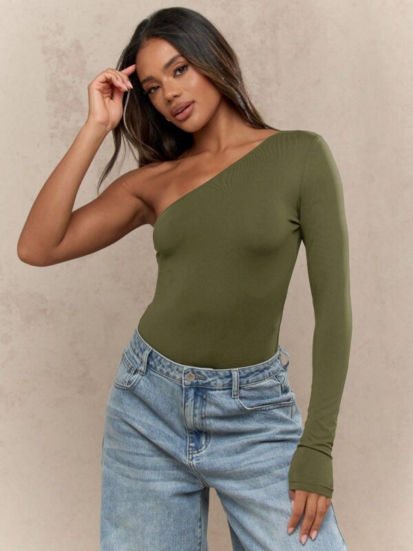 One Shoulder Long Sleeve Ribbed Bodysuit