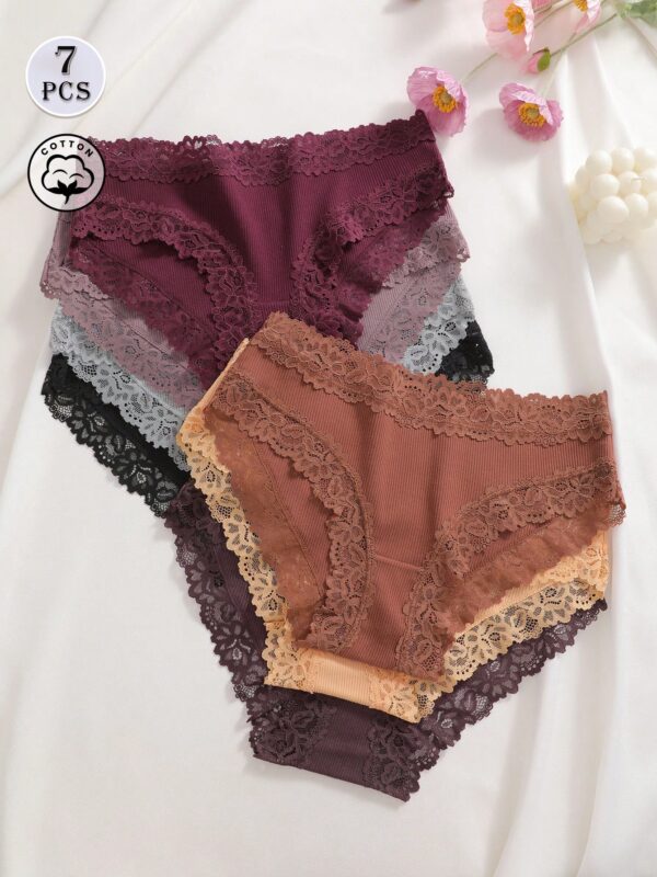 7pcs/Set Solid Color Cotton Lace Patchwork Ribbed Panties
