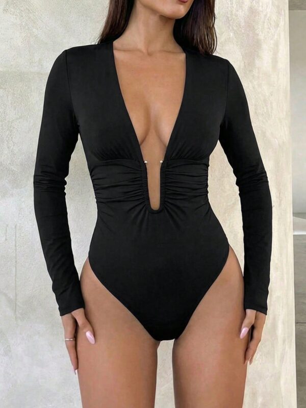 Deep V Neck Ruched Long Sleeve Bodycon Bodysuit