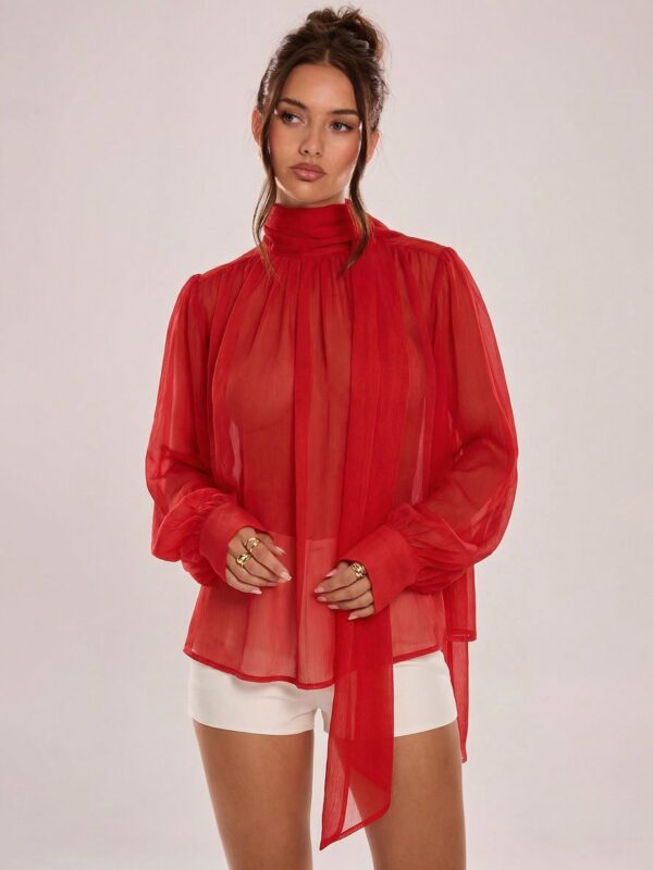 Pleated Stand Collar Long Tie Shirt