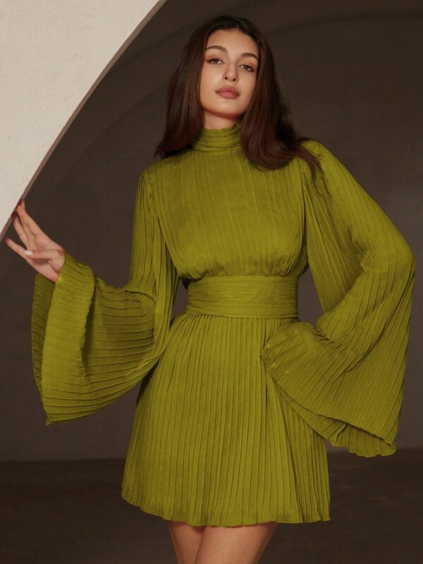 Chiffon Ruffle Trim Stand Collar Dress