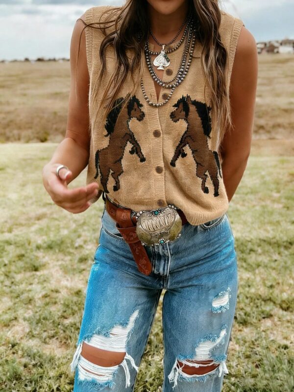 Animal-Print Round Neck Knit Vest
