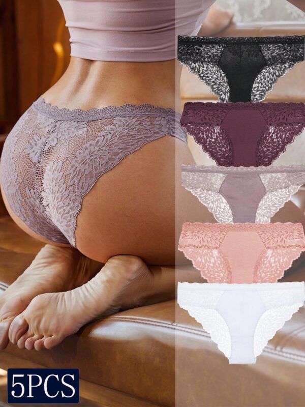 5pcs Lace Pattern Spliced Triangle Panties