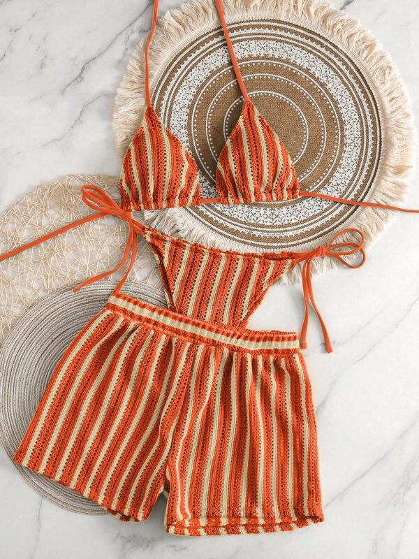 3pcs Crocheted Fabric Drawstring Swimsuit Cover