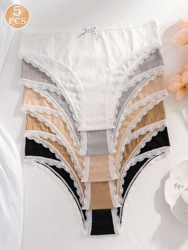 5pcs Lace Trim Striped Briefs